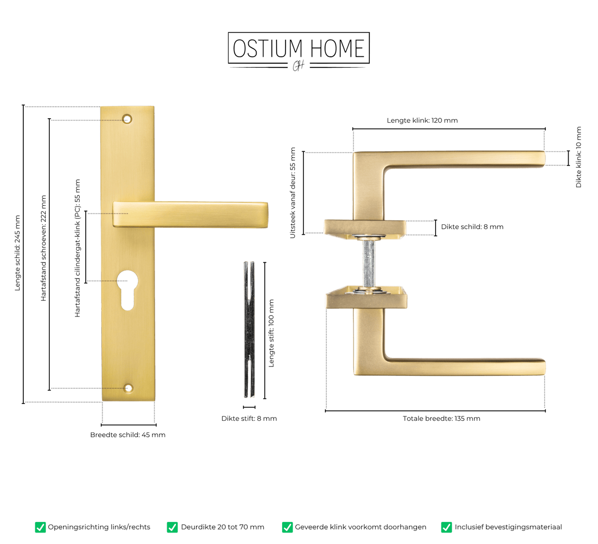 Maattekening van deurklink Alassio in goud met cilindergat 55 mm