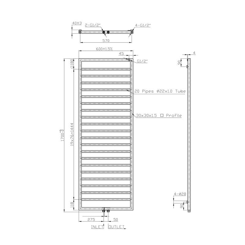 Radiador Bornova 170x60 cm blanco