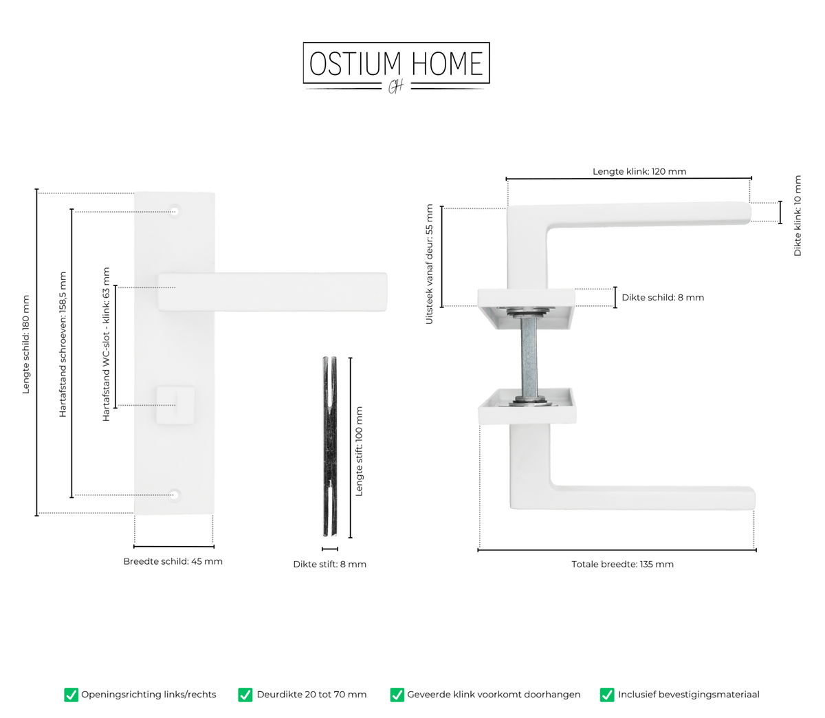 Maattekening van deurklink Arezzo in wit met WC-sluiting 63 mm