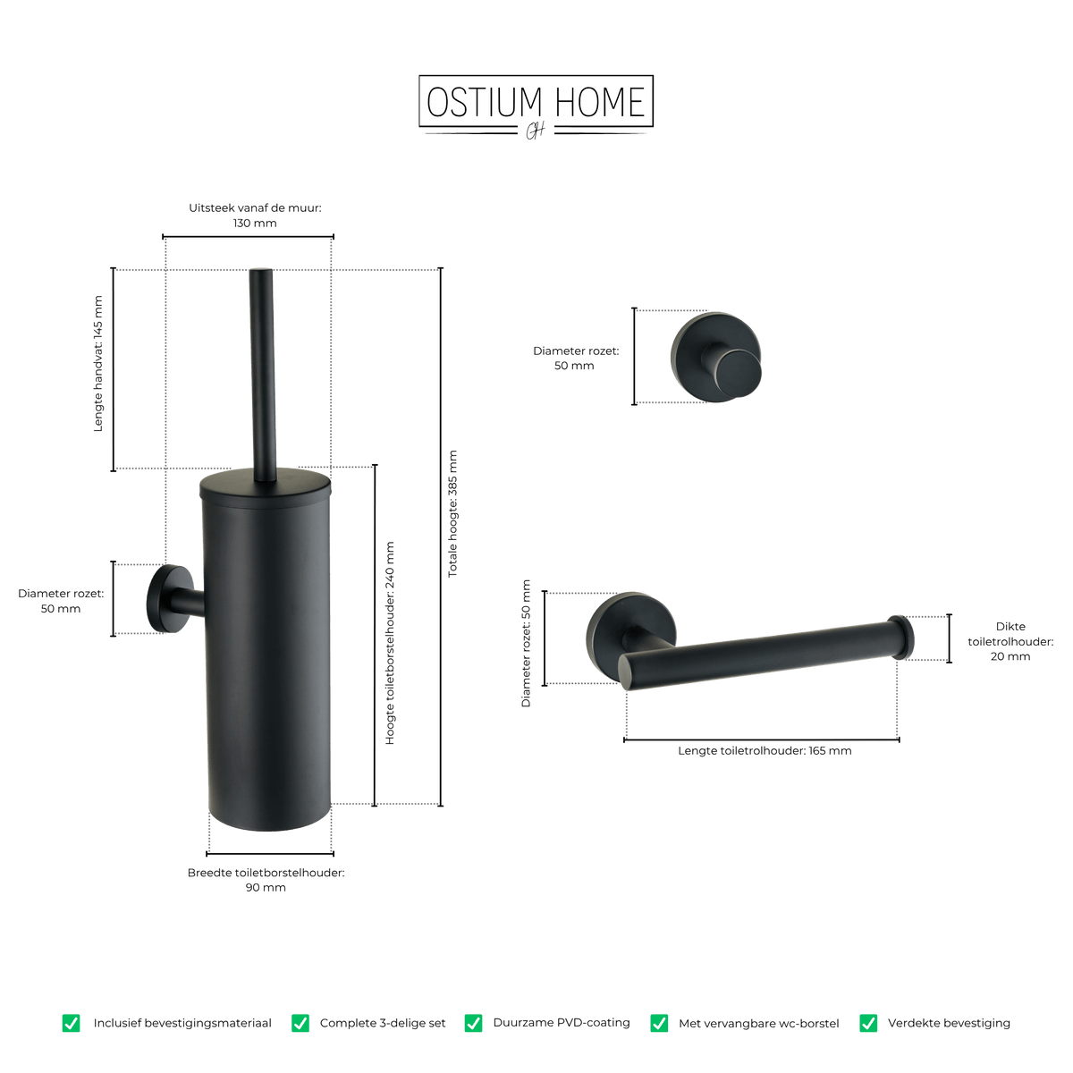 Maattekening van 3-delige toiletaccessoireset Stanio in mat zwart