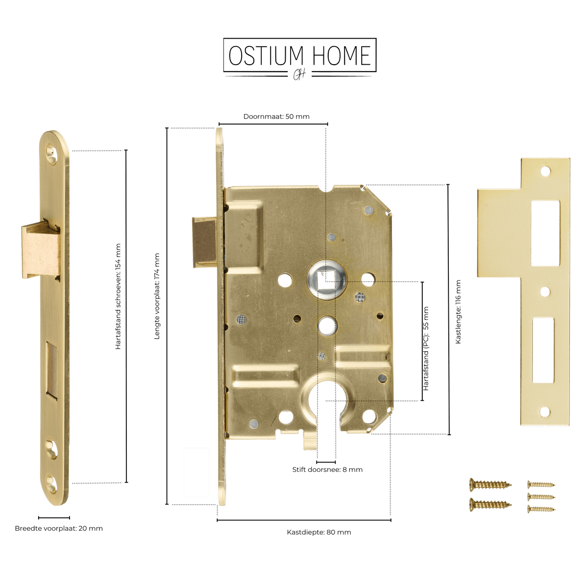Maattekening van cilinderinsteekslot goud PC 55 mm