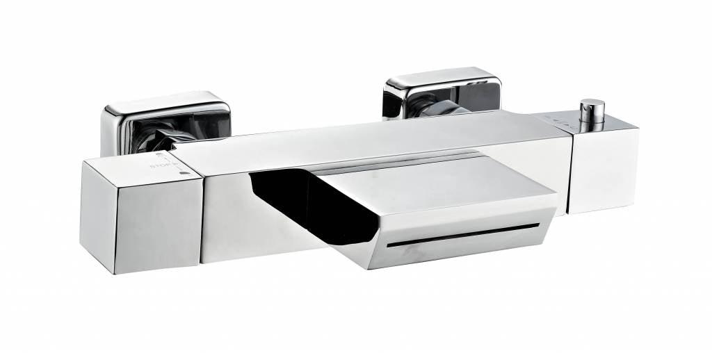 Thermostatische badmengkraan met waterval uitloop vierkant chroom - WDtegels