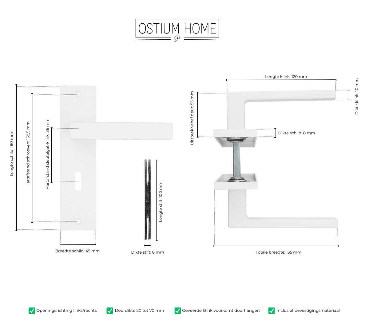Maattekening van deurklink Arezzo in wit met sleutelgat 56 mm