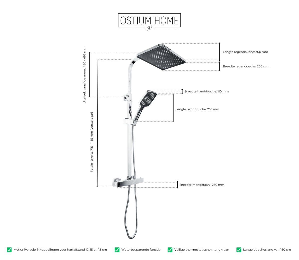 Maattekening van regendoucheset met thermostaat Solvi in chroom