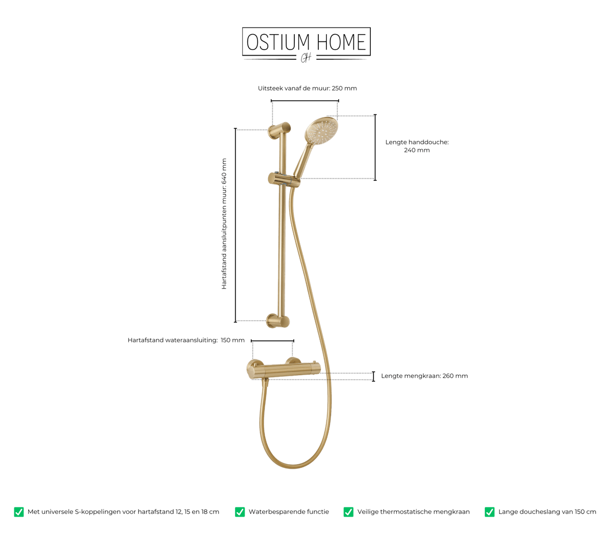 Maattekening van handdoucheset met glijstang Delfi in mat goud