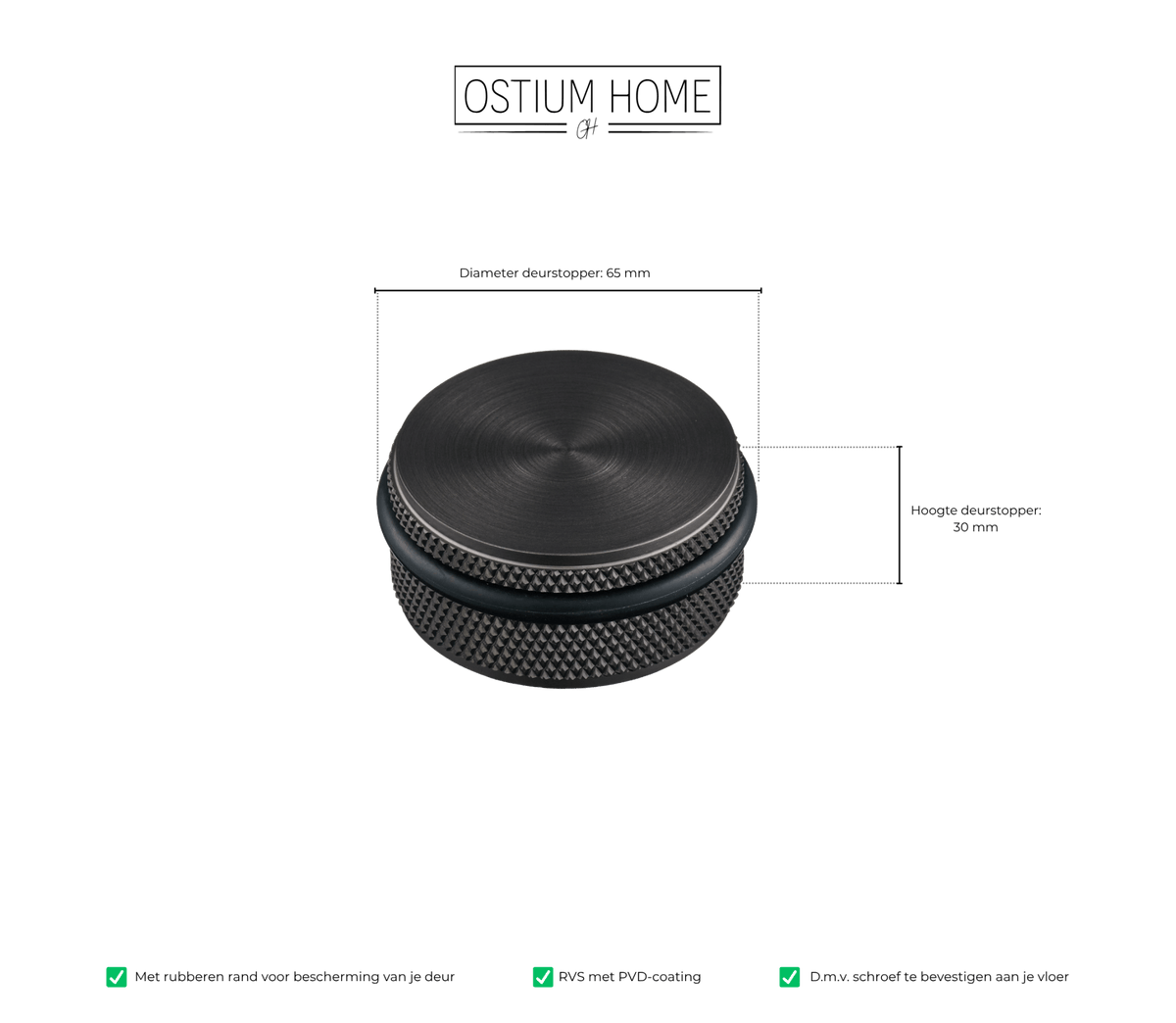 Maattekening van deurstopper Forza in RVS, diameter 6,5 cm