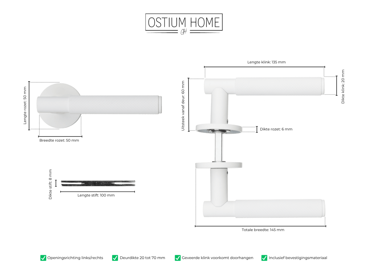 Maattekening van deurklink Berzo in wit