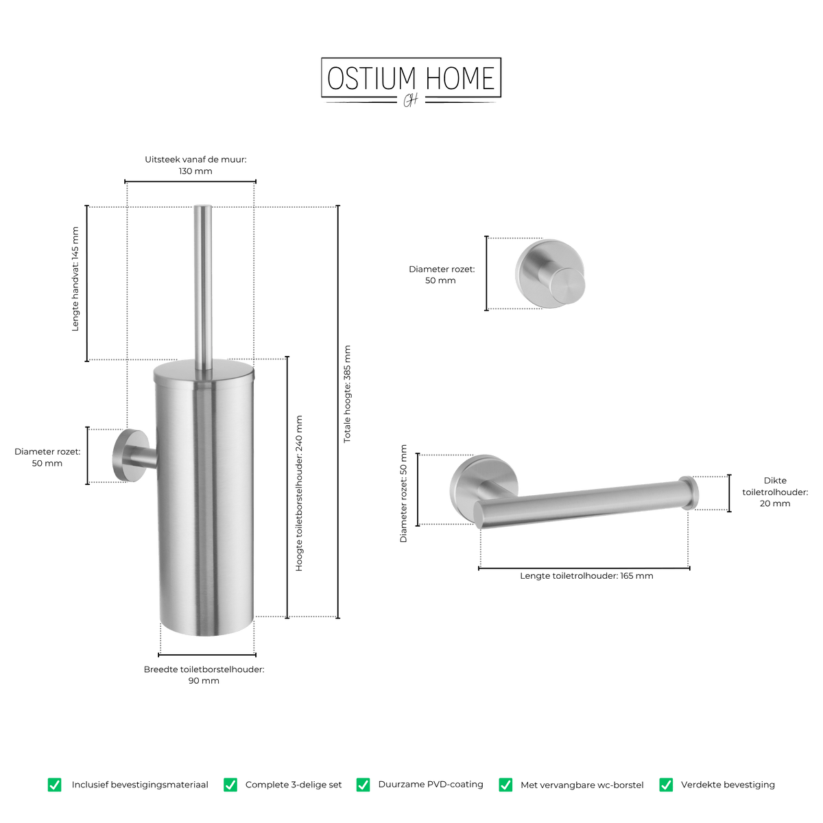 Maattekening van 3-delige toiletaccessoireset Stanio in RVS