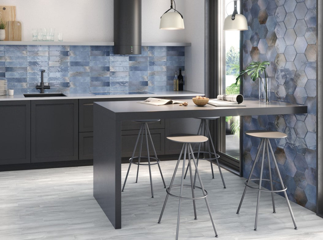 Wandtegel Hexagon Moon Blue glans 16x18 - WDtegels