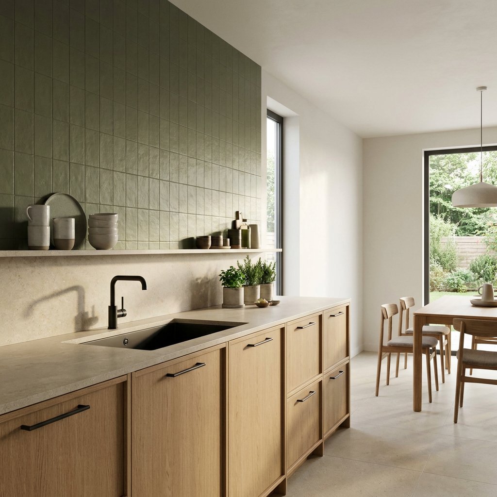 Moderne keuken met olijfgroene wandtegels, lichte houten kastfronten, beige werkblad en zwarte accenten in zacht daglicht.