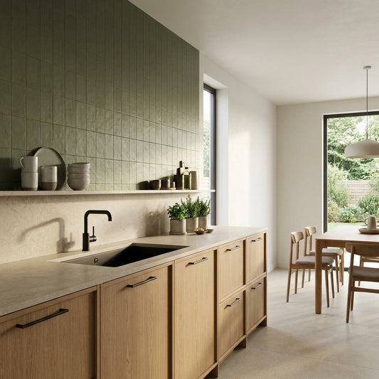 Moderne keuken met olijfgroene wandtegels, lichte houten kastfronten, beige werkblad en zwarte accenten in zacht daglicht.