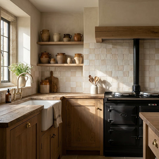 Landelijke keuken met crèmekleurige wandtegels, houten kastfronten, natuurstenen blad en zacht daglicht dat de warme, ambachtelijke sfeer benadrukt.