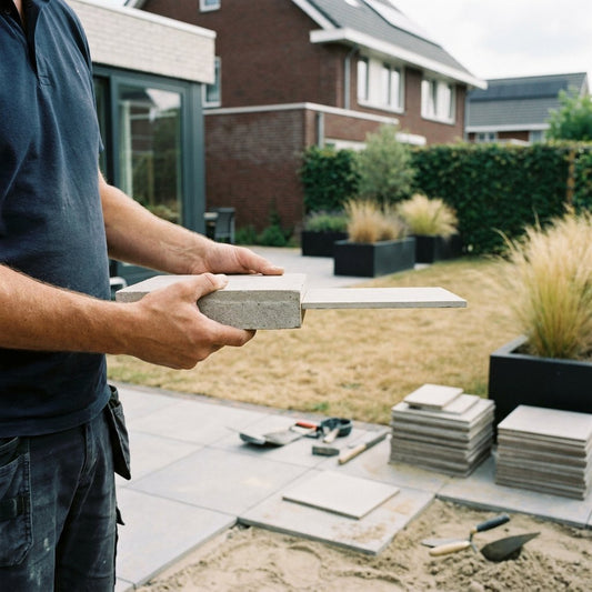 Modern Nederlands terras met twee stapels keramische tuintegels in 2 cm en 3 cm, terwijl een vakman de dikte vergelijkt in zacht daglicht.