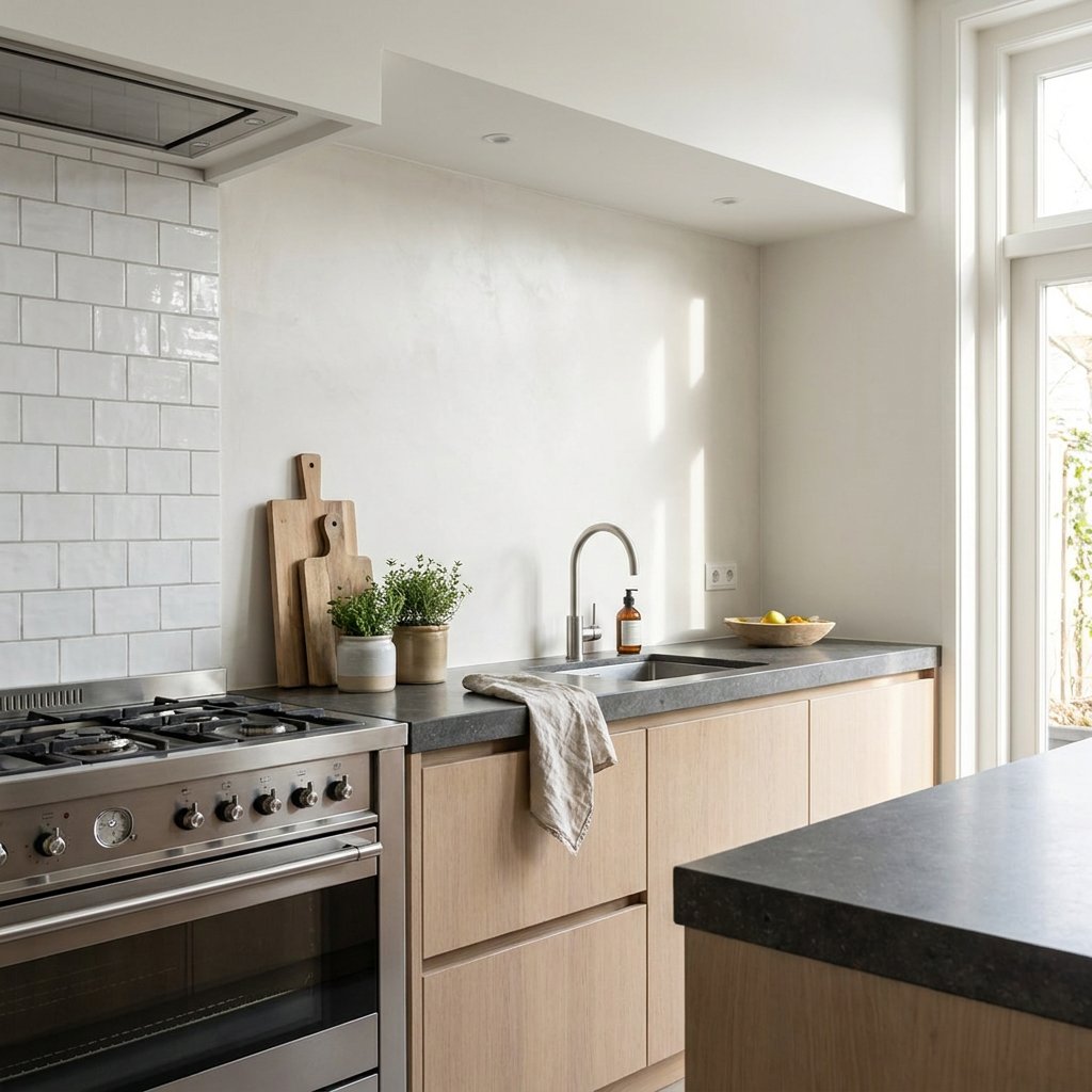Moderne Nederlandse keuken met vergelijking tussen spatwand tegels achter het fornuis en een strakke doorlopende wand, gefotografeerd in zacht daglicht.