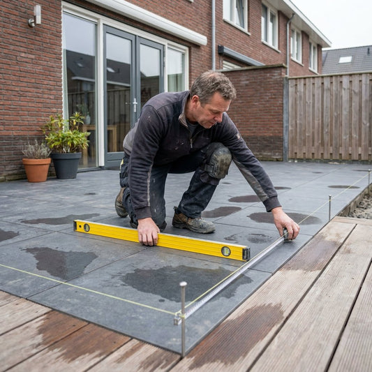 Vakman meet het hoogteverschil op een modern betegeld terras met waterpas en meetlint, terwijl regenwater subtiel richting de tuin afloopt.