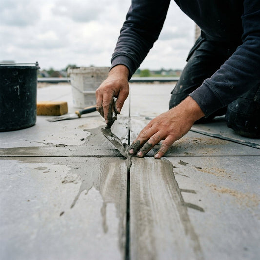 Detail van een modern buitenterras met keramische tegels en strak ingewreven voegmortel, natte voegen zichtbaar in zacht daglicht.