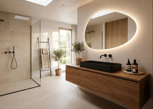Moderne luxe badkamer met stijlvolle wand- en vloertegels, inloopdouche, badkamermeubel en sanitair, passend bij een complete badkamerrenovatie in 2026.
