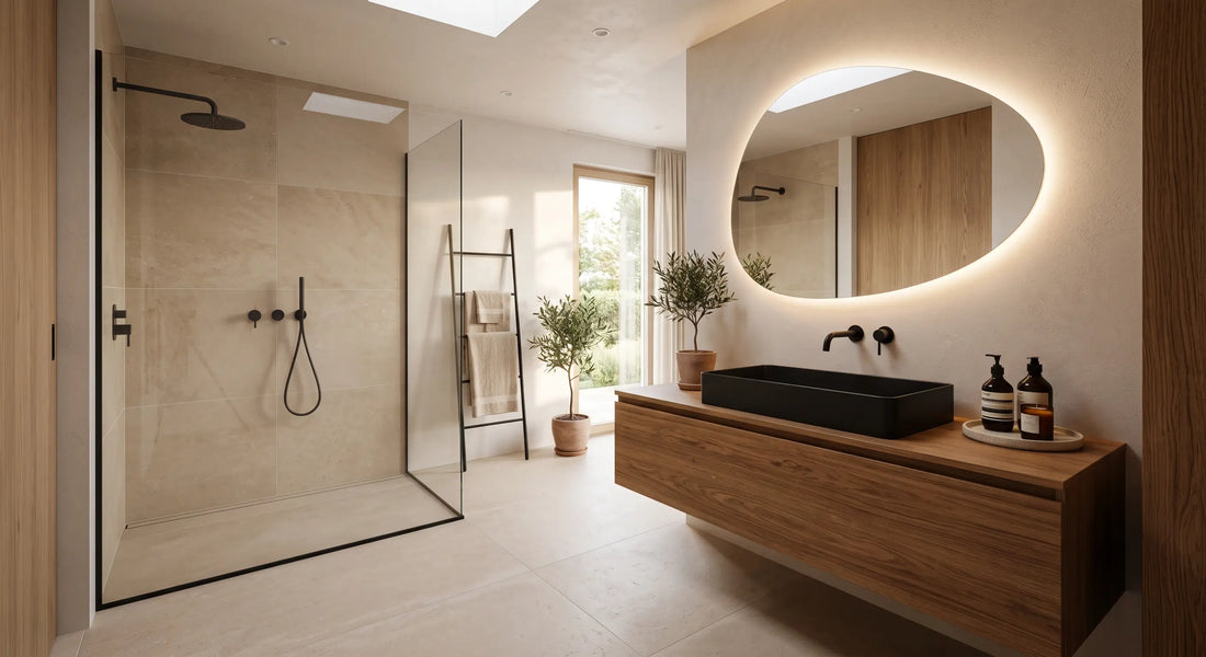 **Alt text:** Moderne luxe badkamer met stijlvolle wand- en vloertegels, inloopdouche, badkamermeubel en sanitair, passend bij een complete badkamerrenovatie in 2026.