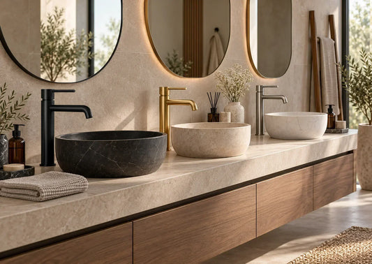 Moderne badkamer met mat zwarte, gouden en RVS kranen boven verschillende wastafels