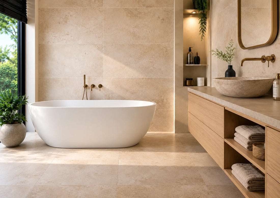 Modern ingerichte badkamer met vrijstaand wit bad, beige tegels en houten badkamermeubel