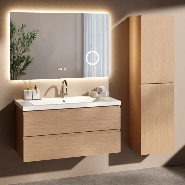 Badkamermeubelset Amara 100cm - Licht eiken - Wastafel wit