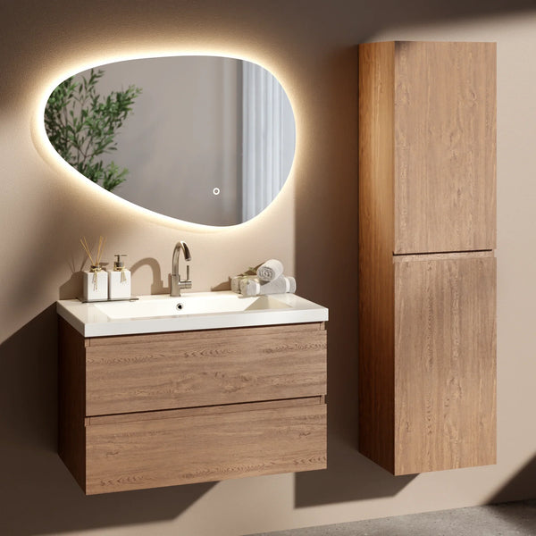 Badkamermeubel set Valento 80cm - Warm Eiken - Wastafel Wit - PRE-ORDER