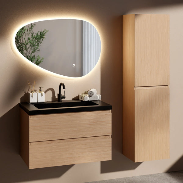 Badkamermeubel set Monaco 80cm - Licht Eiken - Wastafel Zwart