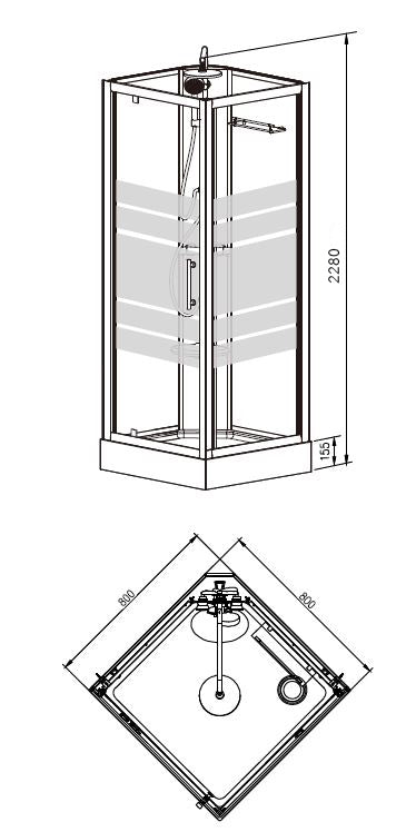 Maattekening Thermo complete douchecabine 80x80x218cm 5mm glas Aluminium