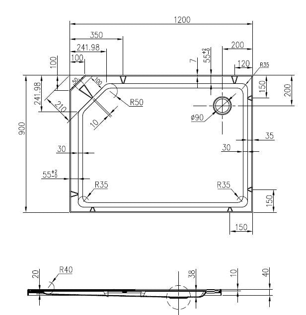 Maattekening Thermo complete douchecabine rechts 120x90x218cm 5mm glas Aluminium - tekening 2
