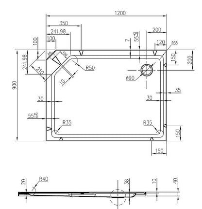 Maattekening Thermo complete douchecabine rechts 120x90x218cm 5mm glas Aluminium - tekening 2