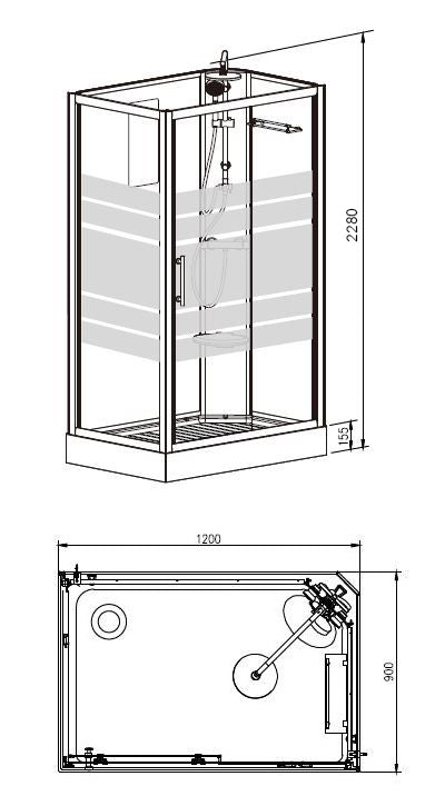 Maattekening Thermo complete douchecabine rechts 120x90x218cm 5mm glas Aluminium