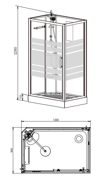 Maattekening Thermo complete douchecabine links 120x90x218cm 5mm glas Aluminium