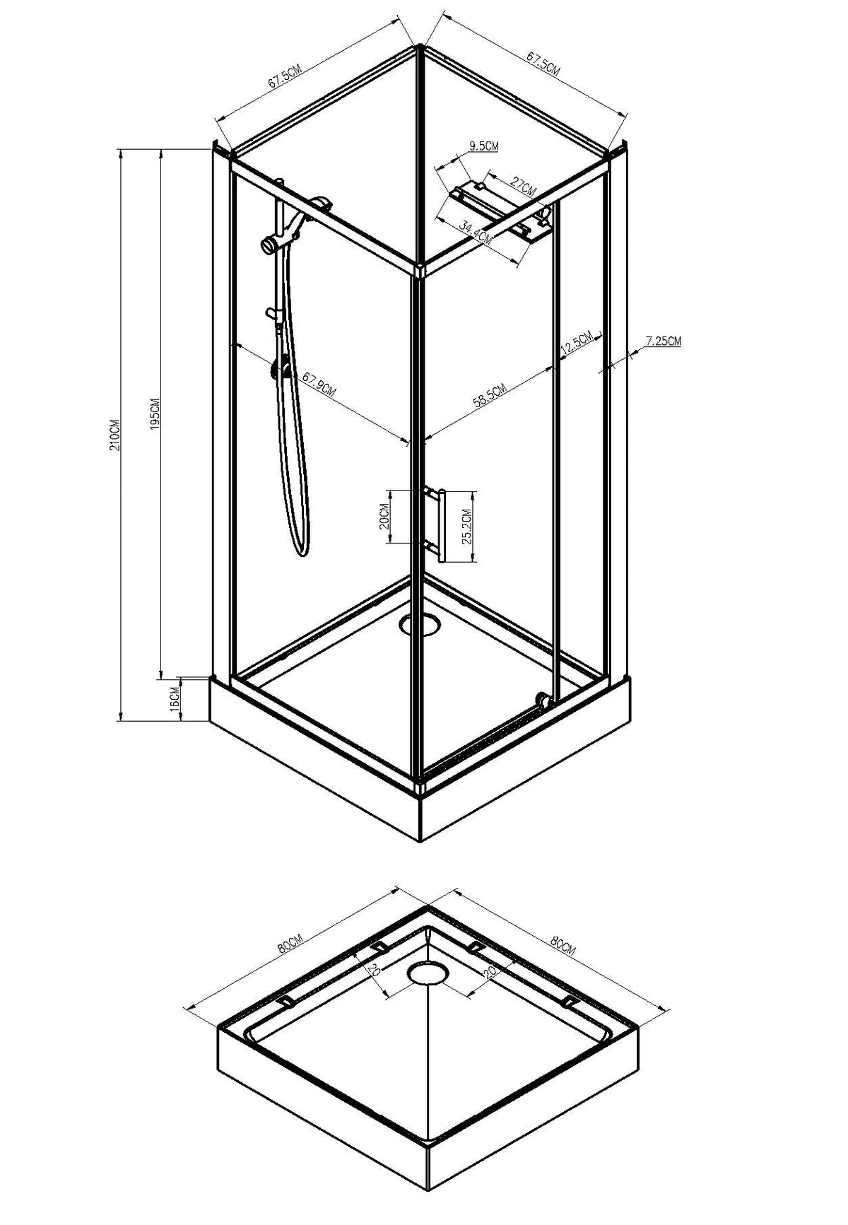 Maattekening Domino complete douchecabine 80x80x210cm 5mm glas Mat aluminium