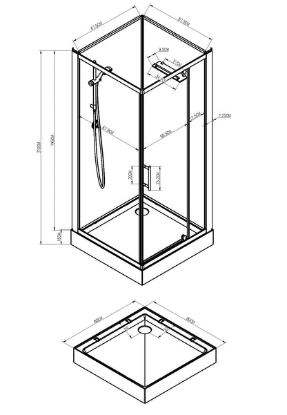 Maattekening Domino complete douchecabine 80x80x210cm 5mm glas Mat aluminium