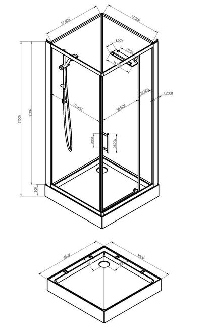 Maattekening Domino complete douchecabine 90x90x210cm 5mm glas Mat aluminium