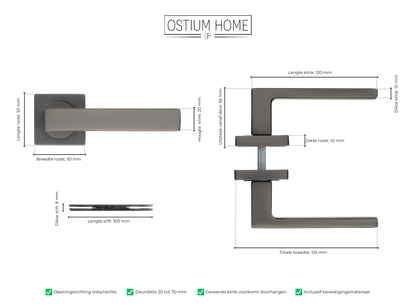 Maattekening van deurklink Anzio in gun metal