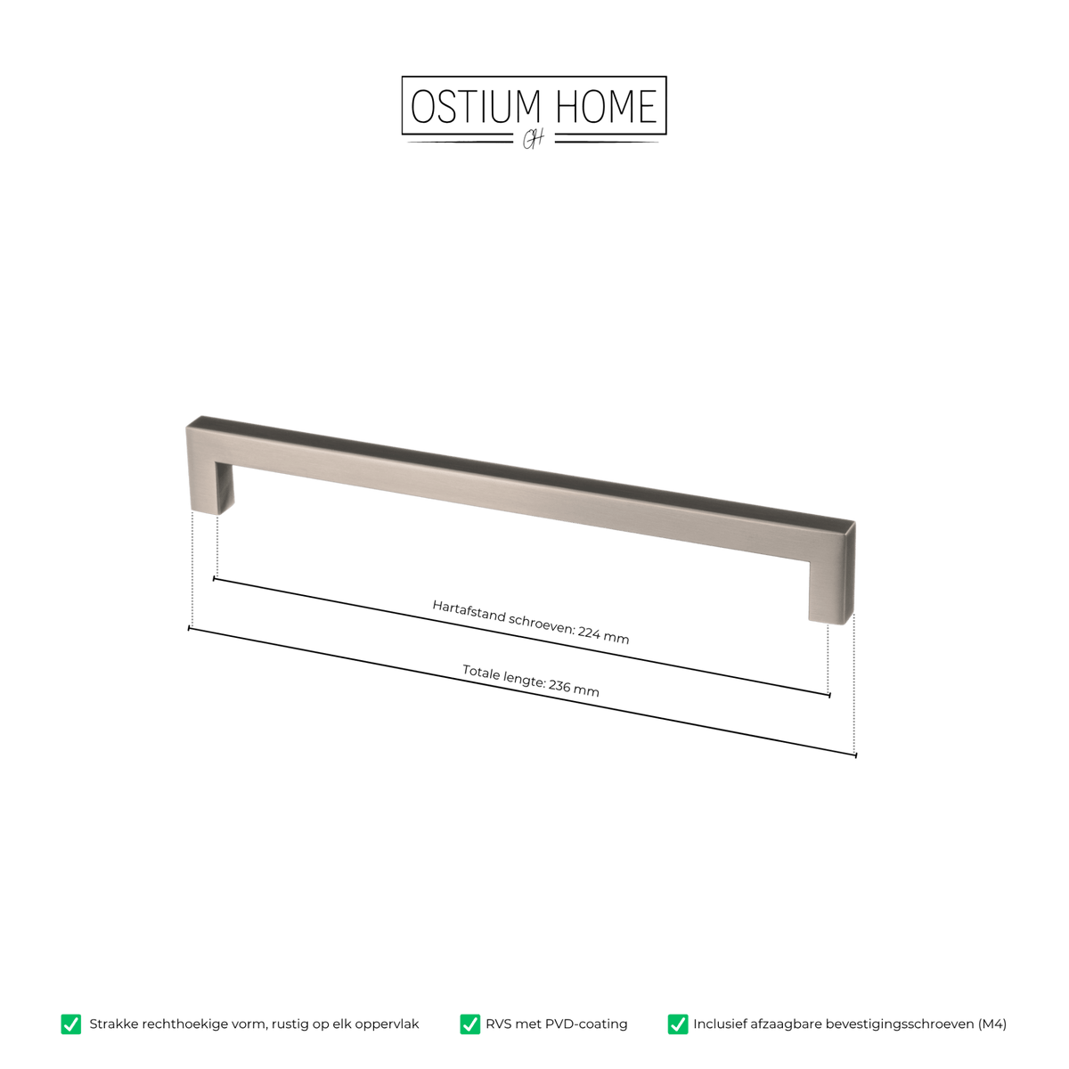 Maattekening van meubelgreep in gun metal, hartafstand 224 mm, lengte 236 mm