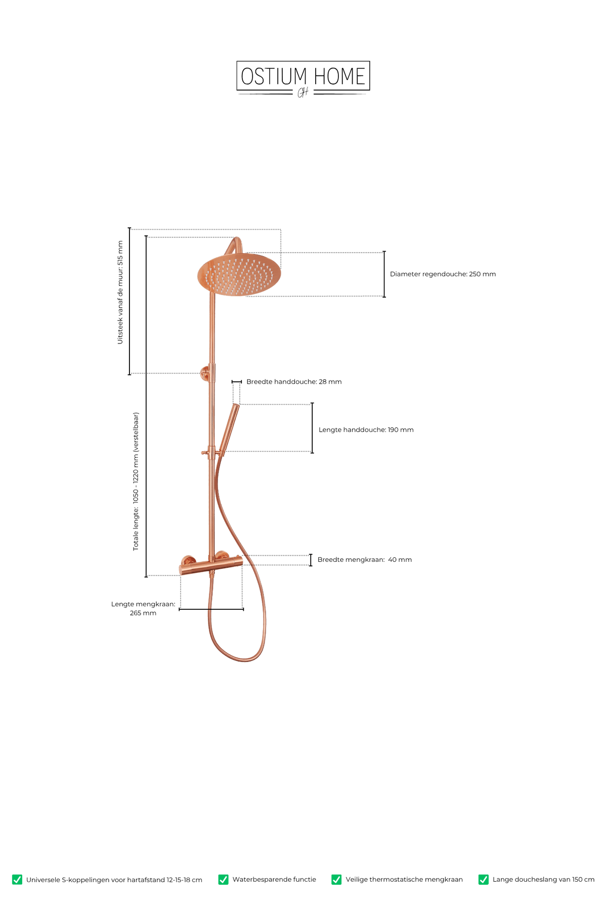 Maattekening van ronde regendoucheset Novi in rosé koper