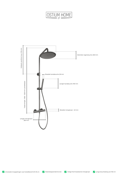 Maattekening van ronde regendoucheset Novi in gun metal