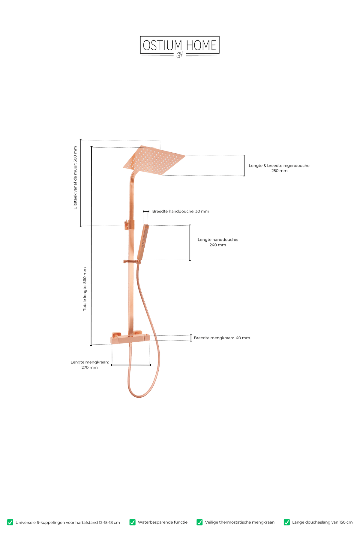 Maattekening van vierkante regendoucheset Voltri in rosé koper