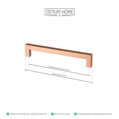 Maattekening van meubelgreep in koper, hartafstand 160 mm, lengte 172 mm