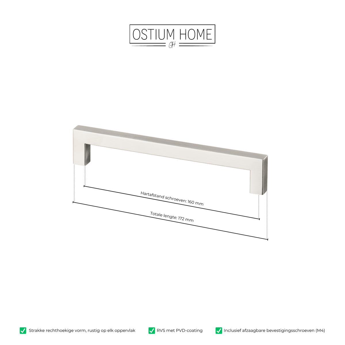 Maattekening van meubelgreep in RVS, hartafstand 160 mm, lengte 172 mm