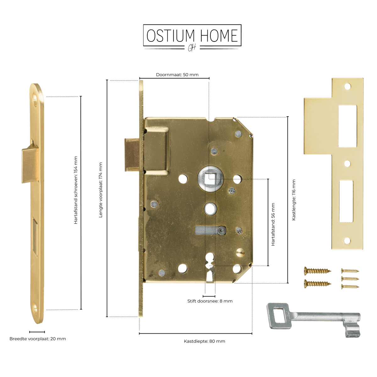 Maattekening van klavierslot goud SL 56 mm