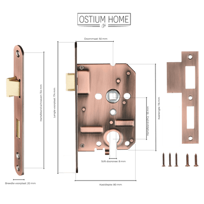 Maattekening van cilinderinsteekslot koper PC 55 mm