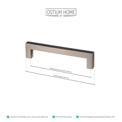 Maattekening van meubelgreep in gun metal, hartafstand 128 mm, lengte 140 mm