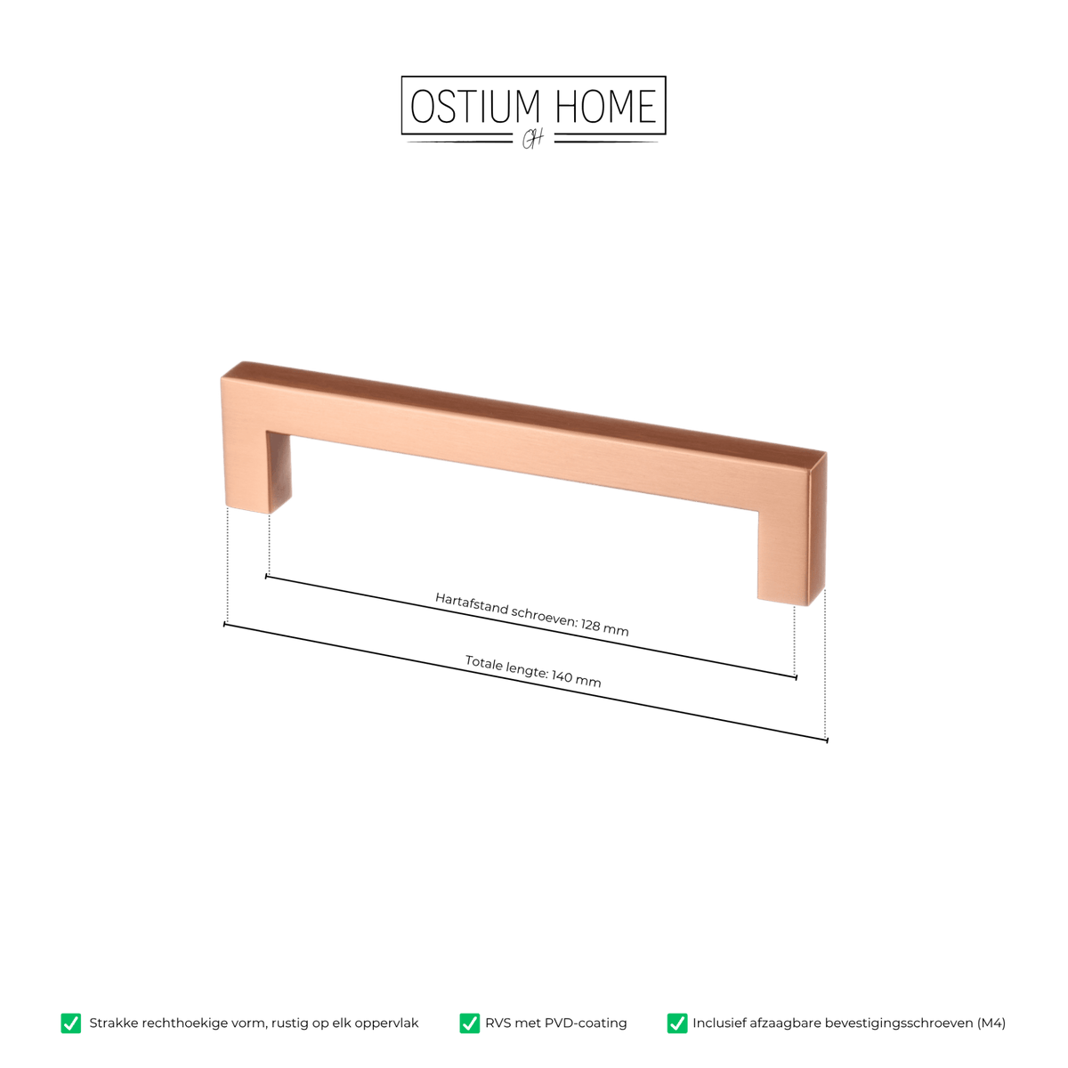 Maattekening van meubelgreep in koper, hartafstand 128 mm, lengte 140 mm