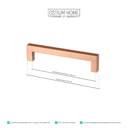Maattekening van meubelgreep in koper, hartafstand 128 mm, lengte 140 mm