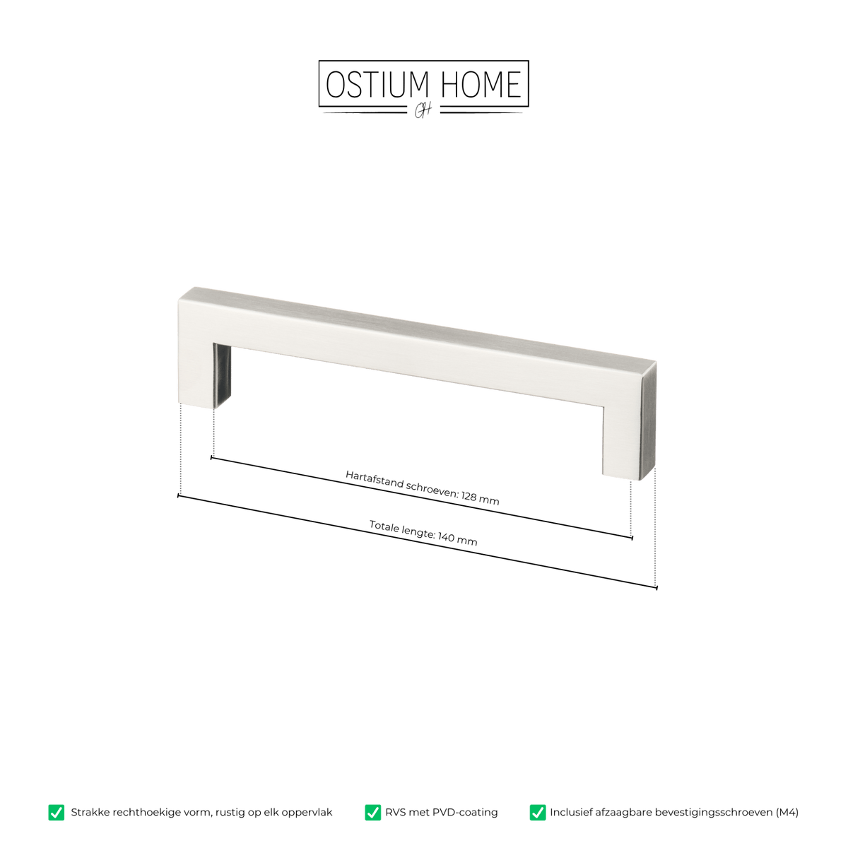 Maattekening van meubelgreep in RVS, hartafstand 128 mm, lengte 140 mm