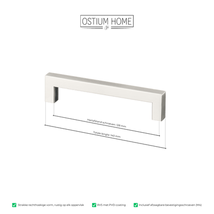 Maattekening van meubelgreep in RVS, hartafstand 128 mm, lengte 140 mm