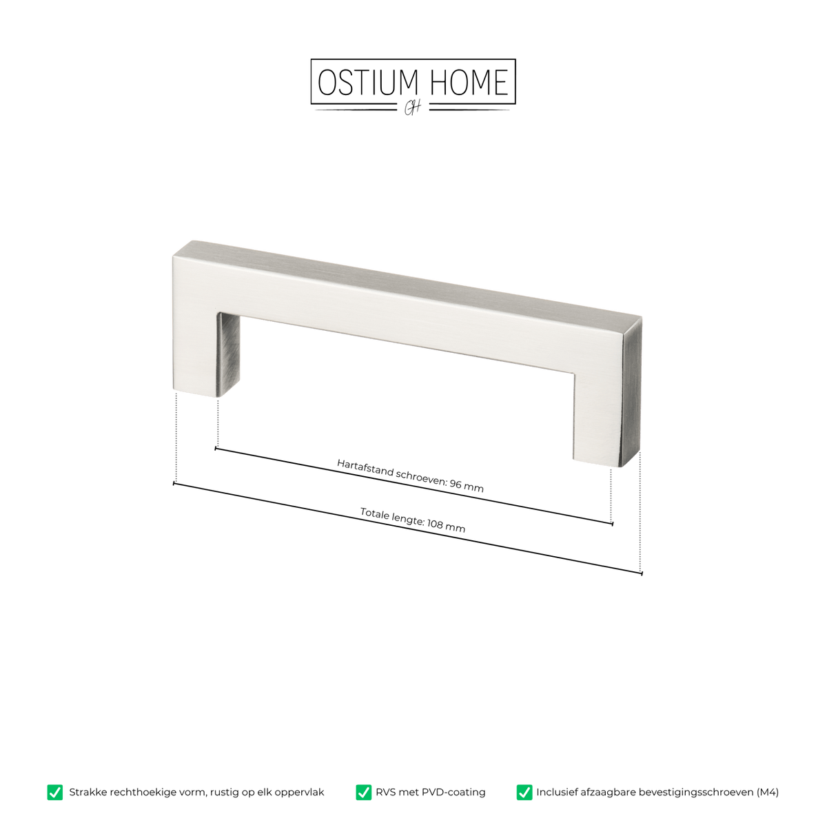 Maattekening van meubelgreep in RVS, hartafstand 96 mm, lengte 108 mm